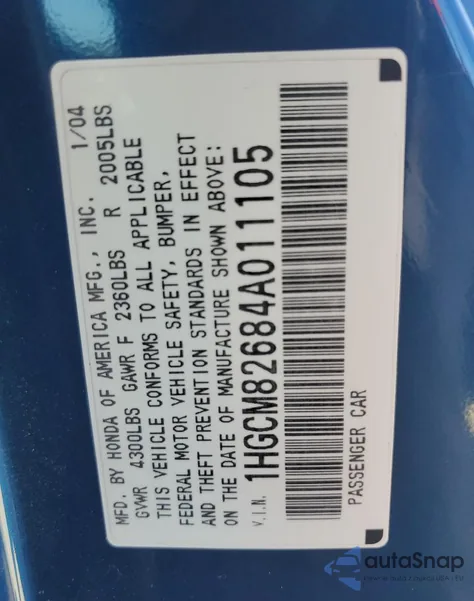 2004 Honda Accord Ex from USA, damaged, VIN 1HGCM82684A011105